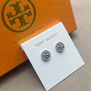 Tory Burch Miller Pave Silver Logo Stud Earrings
